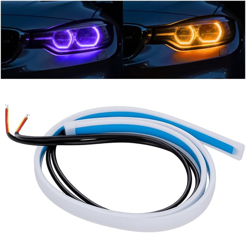 Sandfren 2PCS Car Headlight LED Strip Light, 24" Flexible Dual Color Turn Signal Light Strip with Dynamic Streamer Effect, Waterproof Automotive Daytime Running Lamp, Universal Fit (Blue/Yellow) - Image 1